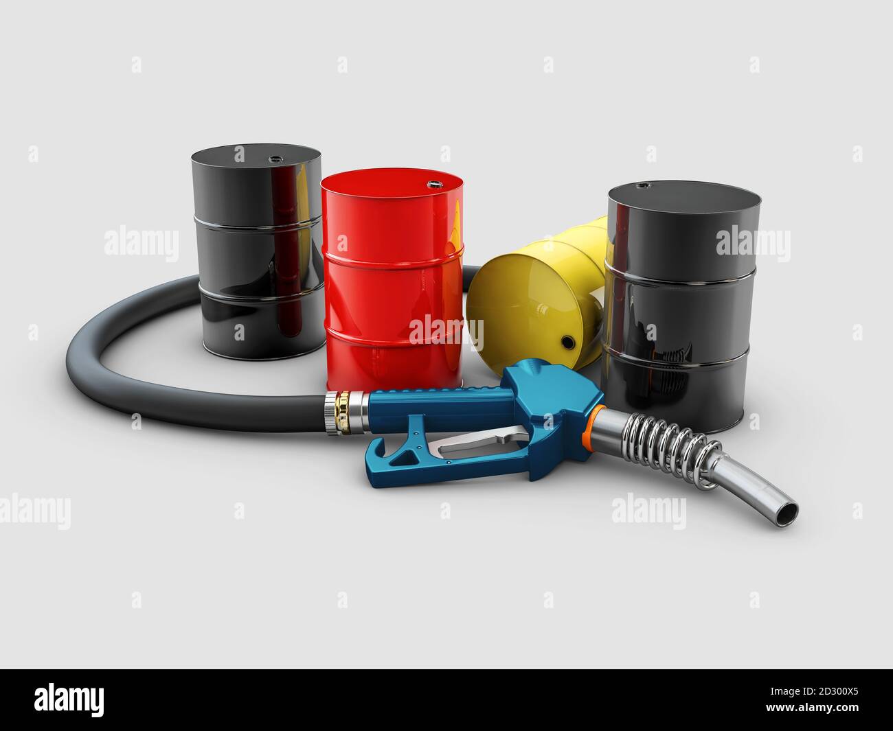 3d-Rendering von Pumpendüse und Ölfässern, Clipping-Pfad enthalten Stockfoto