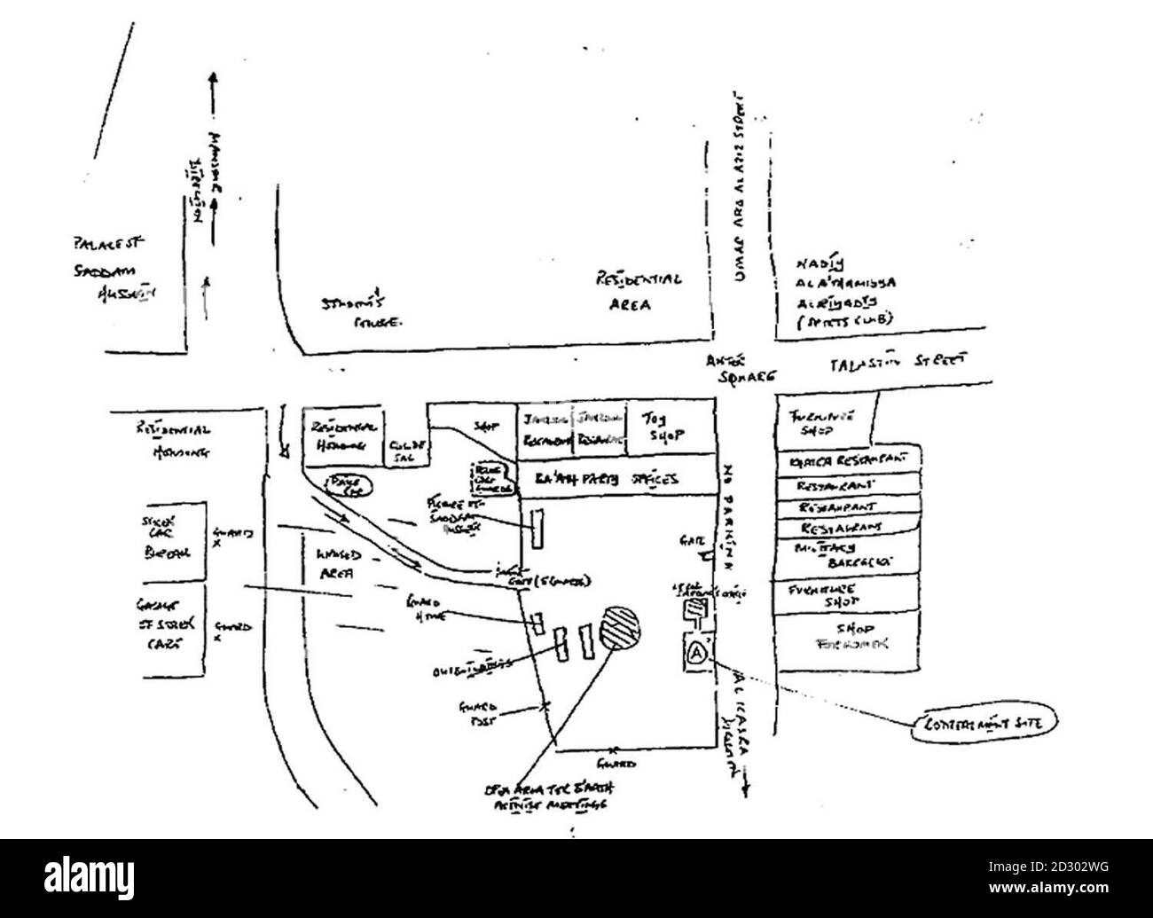 Die handgezeichnete Karte, die heute Abend (Mittwoch) von Downing Street veröffentlicht wurde, zeigt die Umgebung der Parteibüros von Baath in Bagdad. Auf der rechten Seite des Gebäudes mit Blick auf die Straße, auf der das Feld mit der Aufschrift „A“ mit der Aufschrift „Verbergung“ gekennzeichnet ist Stockfoto