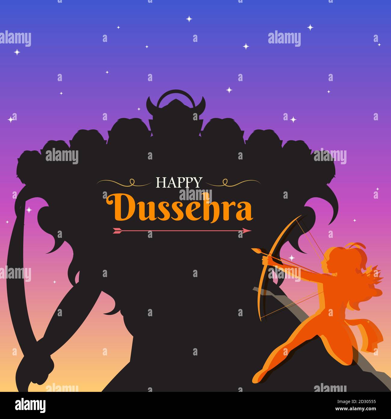 Happy Dussehra, Rama und Ravana Kampf Silhouette Poster, Indian Festival Banner, Vektor-Illustration Stock Vektor