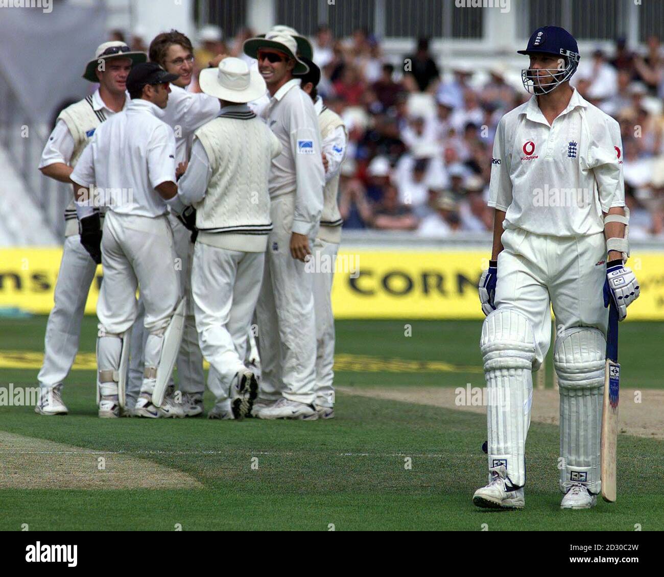 Die neuseeländische Mannschaft feiert das Wicket von Englands Alan Mullally (R) am dritten Tag ihres vierten Cricket-Test-Spiels im Oval in London. Stockfoto