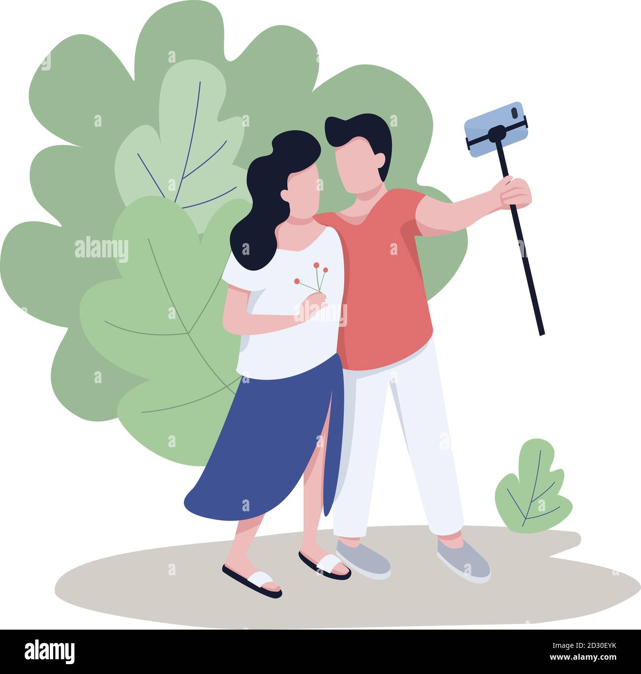 Romantisches Paar unter Selfie flache Farbe Vektor gesichtslose Zeichen. Touristen, vloggers Streaming live aus dem Stadtpark isoliert Karikatur Illustration Stock Vektor