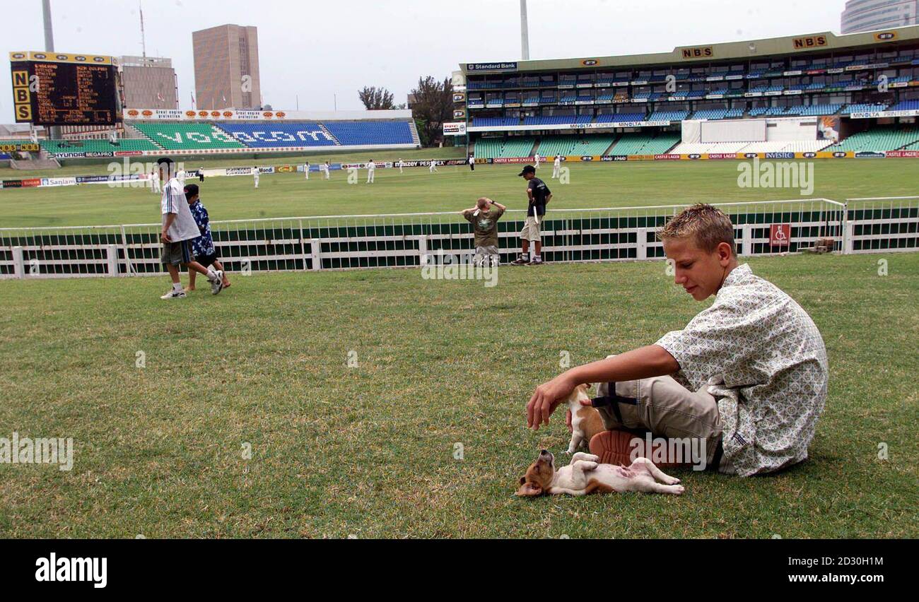 Ein junger Fan mit Jack Russell Welpen, spielt auf dem Rasen, als England ihr viertägiges Tour-Match gegen KwaZulu-Natal auf dem Kingsmead Ground in Durban beginnt. Die meisten Hauptstände im Boden sind völlig leer. Stockfoto