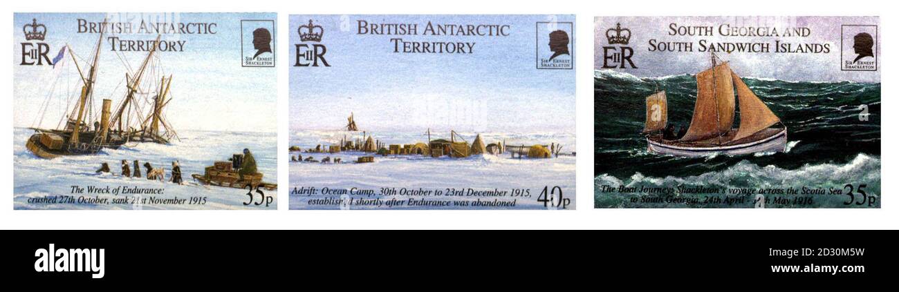 Ein neuer Satz Royal Mail Briefmarken, mit dem unerschrockenen Antarktisforscher Sir Ernest Shackleton. Die Marken zeigen Szenen aus der Kaiserlichen Trans-Antarktis-Expedition von 1914 bis 1917, die als erste Überquerung des letzten Kontinents beschrieben wird. *Britisches Antarktisgebiet, Falklandinseln und Südgeorgien & die Südlichen Sandwichinseln werden jeweils drei Marken ausgeben, die ebenfalls Shackleton (1874-1922) enthalten. Stockfoto