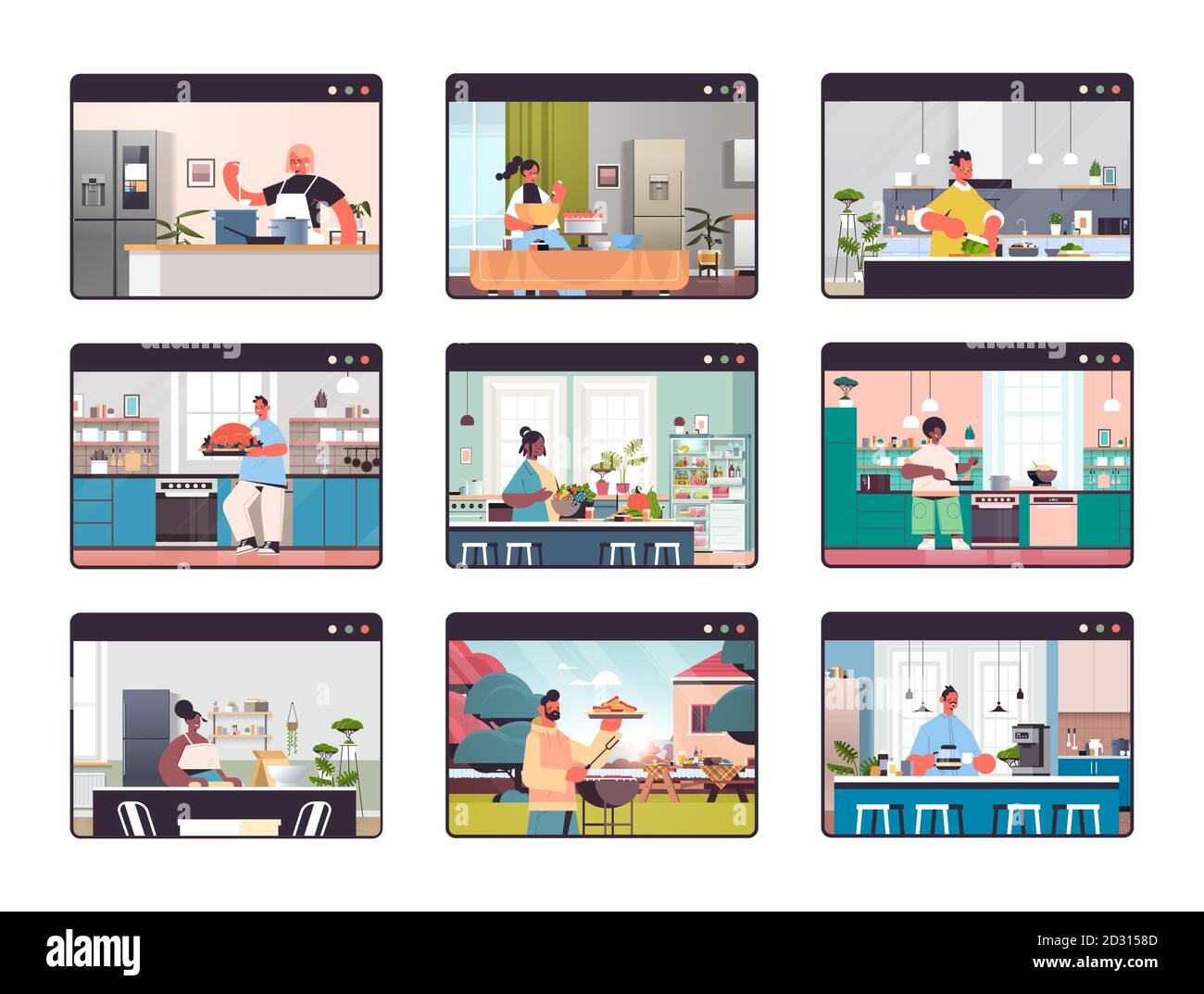 Set Mischung Rennen Menschen, die Lebensmittel zu Hause online kochen Konzept Web-Browser Fenster Sammlung moderne Küche Interieur horizontalen Vektor Abbildung Stock Vektor