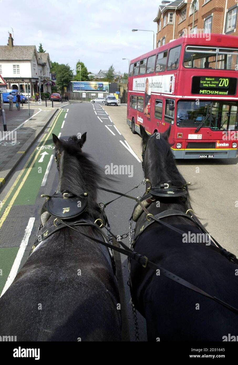 Young's Brewery Horses Harry (links) und Tom werden durch Süd-London gefahren, als sie Bier in der Wandsworth-Gegend liefern, während Premierminister Tony Blair direkt mit Ölgesellschaften sprach, um die Benzinkrise zu beenden. * ...nach einem Notfalltreffen mit hochrangigen Ministern in der Downing Street. Stockfoto Young's Brewery Horses Harry (links) und Tom werden durch Süd-London gefahren, als sie Bier in der Wandsworth-Gegend liefern, während Premierminister Tony Blair direkt mit Ölgesellschaften sprach, um die Benzinkrise zu beenden. * ...nach einem Notfalltreffen mit hochrangigen Ministern in der Downing Street. Stockfoto