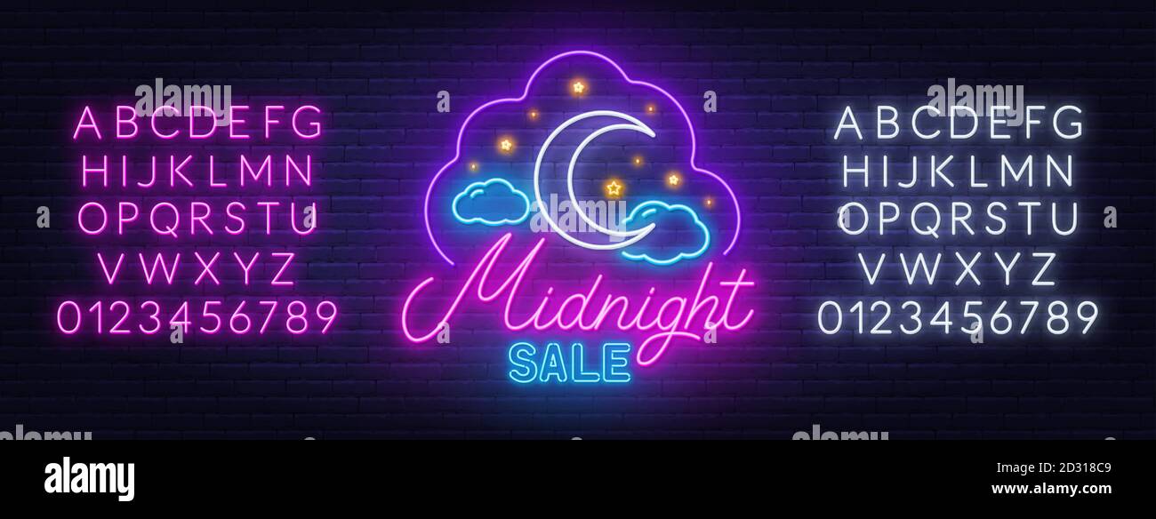 Mitternachtsverkauf Neon-Schild auf einer Backsteinmauer Hintergrund. Stock Vektor
