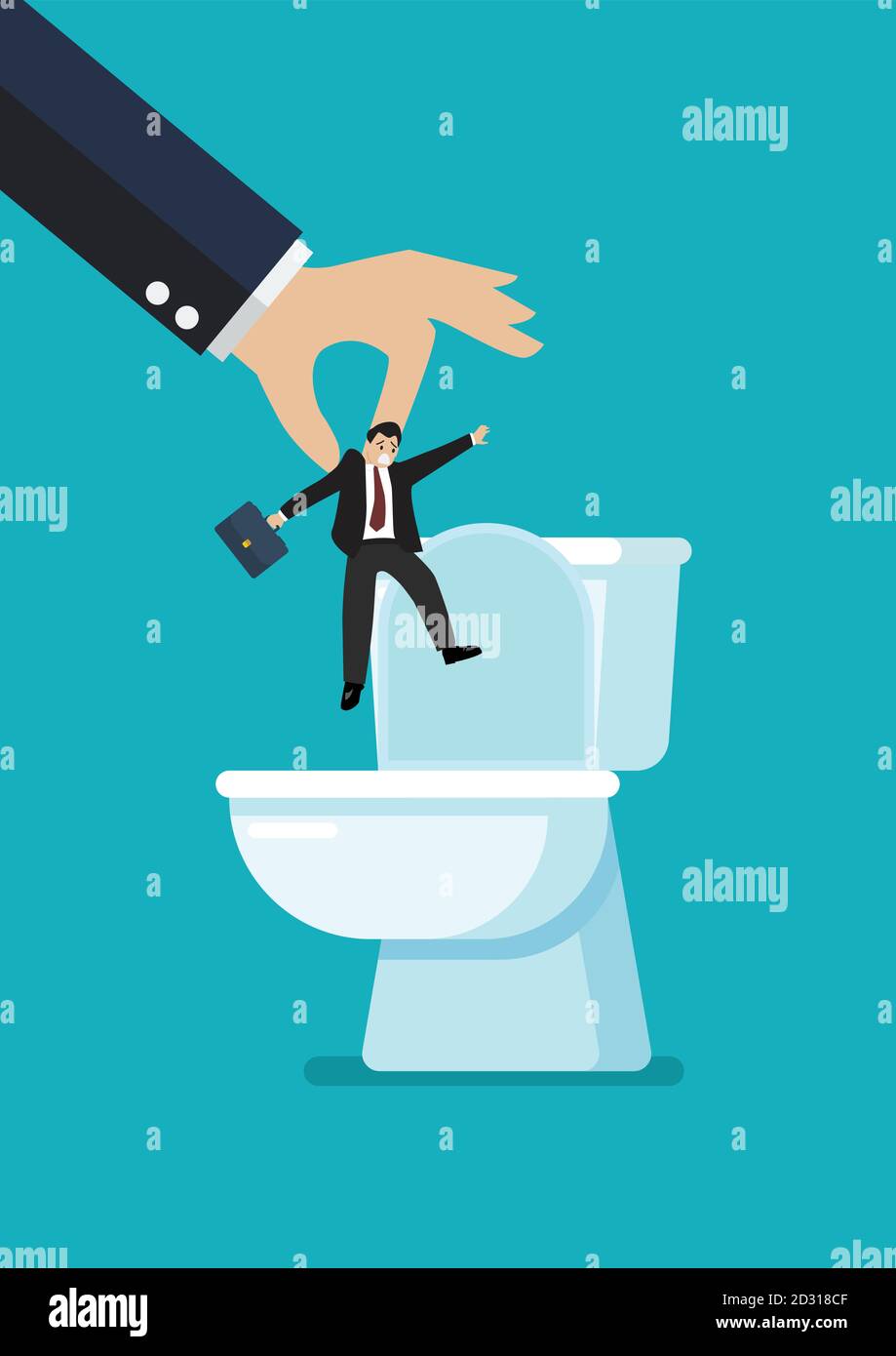 Hände werfen einen Geschäftsmann in die Toilettenschüssel. Vektorgrafik Stock Vektor