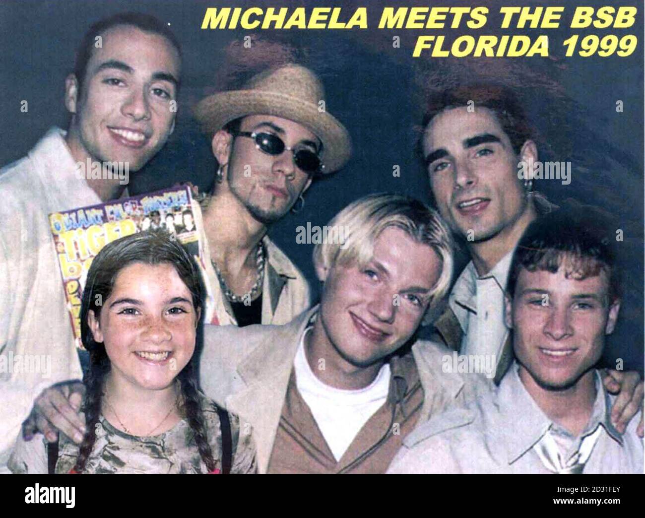 Die Polizei sammelt ein Foto des Southampton-Teenagers Michaela Montague (links unten), der am Valentinstag 2001 verschwand, nachdem er jemanden in einem Internet-Chatraum getroffen hatte, das in einem zusammengesetzten Foto mit ihrer Lieblingsband The Backstreet Boys abgebildet ist. * ...die für sie appellieren, nach Hause zurückzukehren. Stockfoto