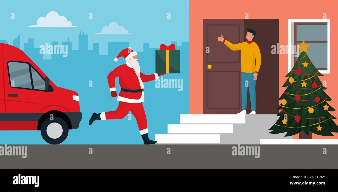 Weihnachtsmann ein Geschenk, ein Mann wartet auf ihn: Weihnachten und Haus Lieferung Konzept Stock Vektor