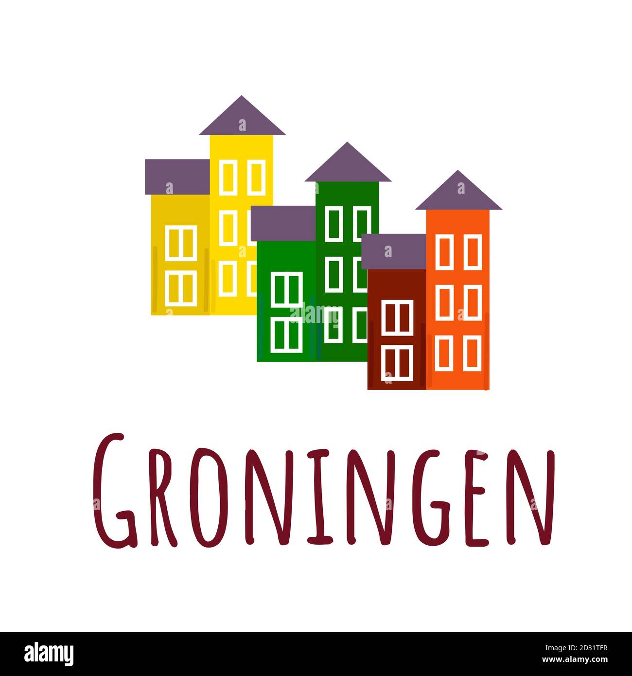 Groningen Häuser in der Nähe mit Marina. Farbige kleine Gebäude mit Schriftzug mit dem Namen der Stadt. Cartoon Vektorgrafik. Stock Vektor