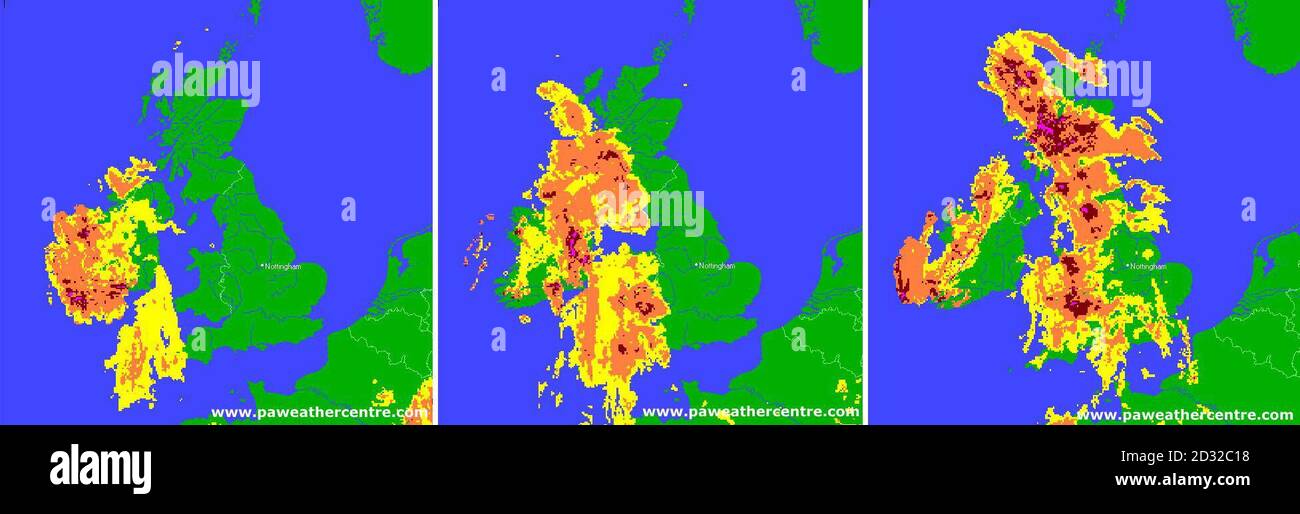 Wetterradarbilder - aufgenommen am 0300, 0500 und 0730 - vom PA Weather Center, die Niederschläge auf den Britischen Inseln zeigen. Es wurde erwartet, dass Böen von bis zu 80 km/h Nordirland und Nordwestschottland überschlagen würden, während überall in Großbritannien starke Winde zu erwarten waren. Laut Prognosen sollte das nasse Wetter bis weit in die kommende Woche hinein andauern, und die Polizei hat die Autofahrer davor gewarnt, auf den Straßen besonders vorsichtig zu sein und nur auf wichtigen Reisen zu fahren, wenn der Wind am höchsten ist. Stockfoto