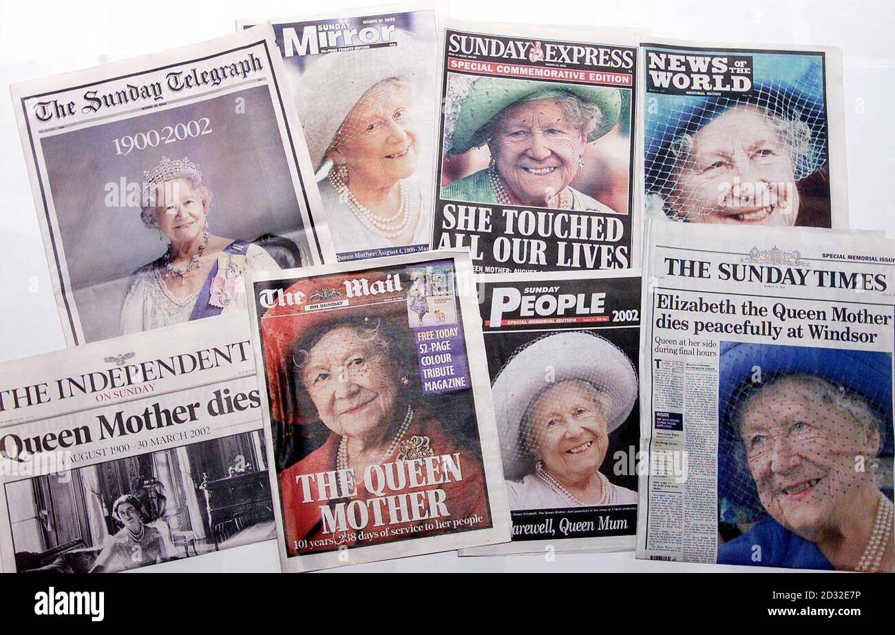 Eine Auswahl der Titelseiten der britischen Zeitungen, mit Bildern der Queen Mother, nach der Ankündigung ihres Todes gestern im Alter von 101 Jahren. Stockfoto