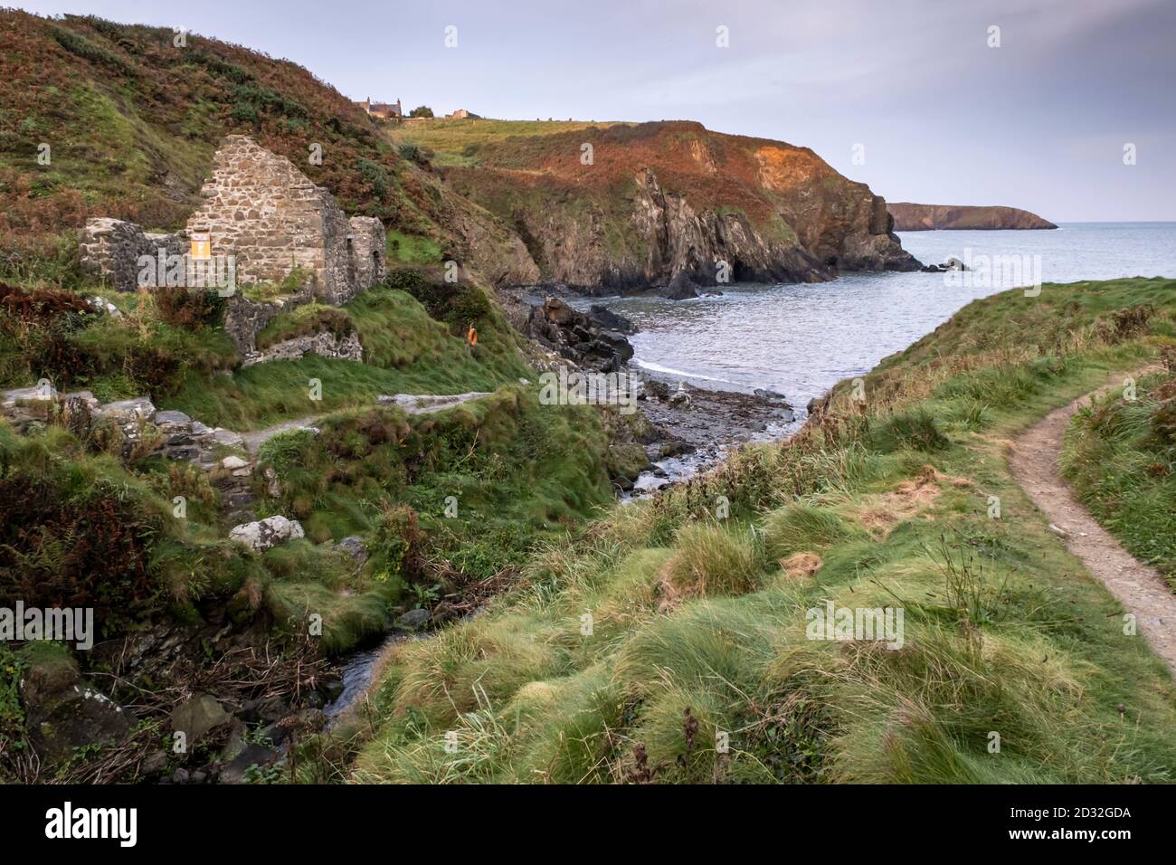 Die Ruinen von Trefin Mill mit Blick auf aber Draw Bay, Trefin, Pembrokeshire, Wales, Großbritannien Stockfoto