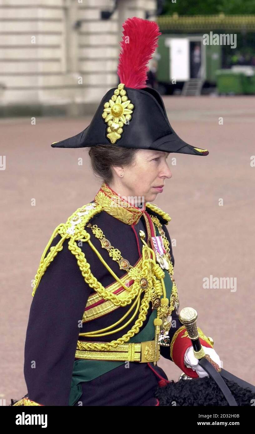 Die Prinzessin Royal verlässt den Buckingham Palace zu Pferd und folgt dem Gold State Bus, der die Königin zur St. Paul's Cathedral für ihren Dankgottesdienst zum Goldenen Jubiläum brachte. Stockfoto