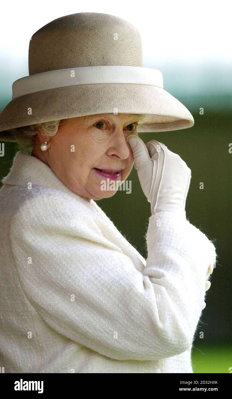 Königin Elizabeth II wischt ihr Auge, während sie eine einzigartige und historische Parade zeremonieller königlicher Leibwächter unter der Leitung von Garrison Sergeant Major Alan 'Perry' Mason überprüft. * an der Parade des Buckingham Palace nahmen bedeutende ehemalige Militärangehörige Teil und marschierten an der ersten ihrer Art vorbei, zu Ehren des Goldenen Jubilee der Königin. Mason war zum letzten Mal parading. Ein Mitglied der Coldstream Guards Mason, die zum letzten Mal paradiert hat, war in den letzten fünfzehn Jahren für die militärische Organisation von zeremoniellen Ereignissen in London verantwortlich. Stockfoto