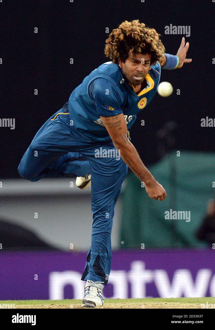 Sri Lankas Lasith Malinga Bowls während der International T20 im Kia Oval, London. Stockfoto