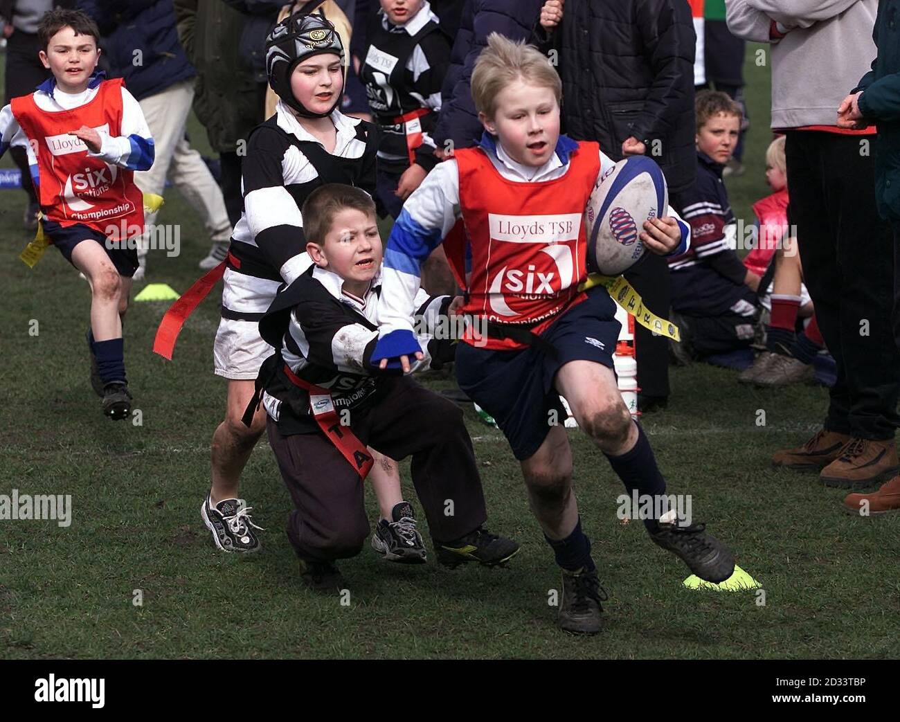 Kinder aus der Gegend von Manchester nehmen am Lloyds TSB Mini Rugby Festival in Sale, Manchester, Teil. Stockfoto