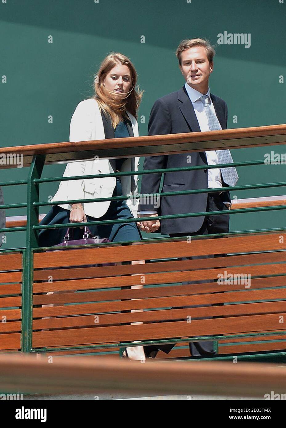 Prinzessin Beatrice und ihr Freund David Clark kommen am 10. Tag der Wimbledon Championships im All England Lawn Tennis und Croquet Club in Wimbledon an. Stockfoto