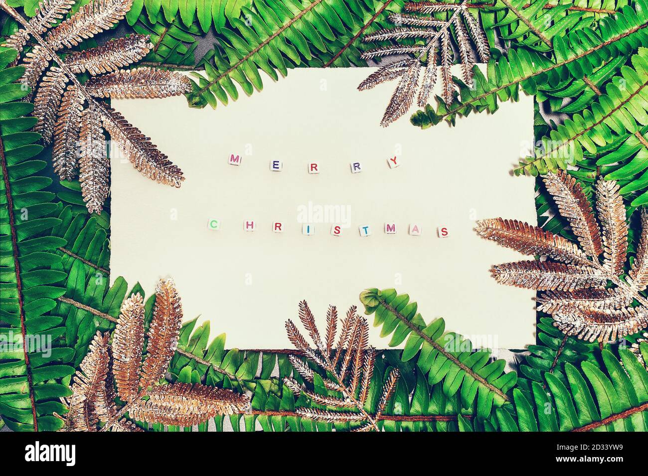 Natürlicher grüner Farn und goldene Blätter mit Papierkarte und Buchstaben Frohe Weihnachten. Stockfoto