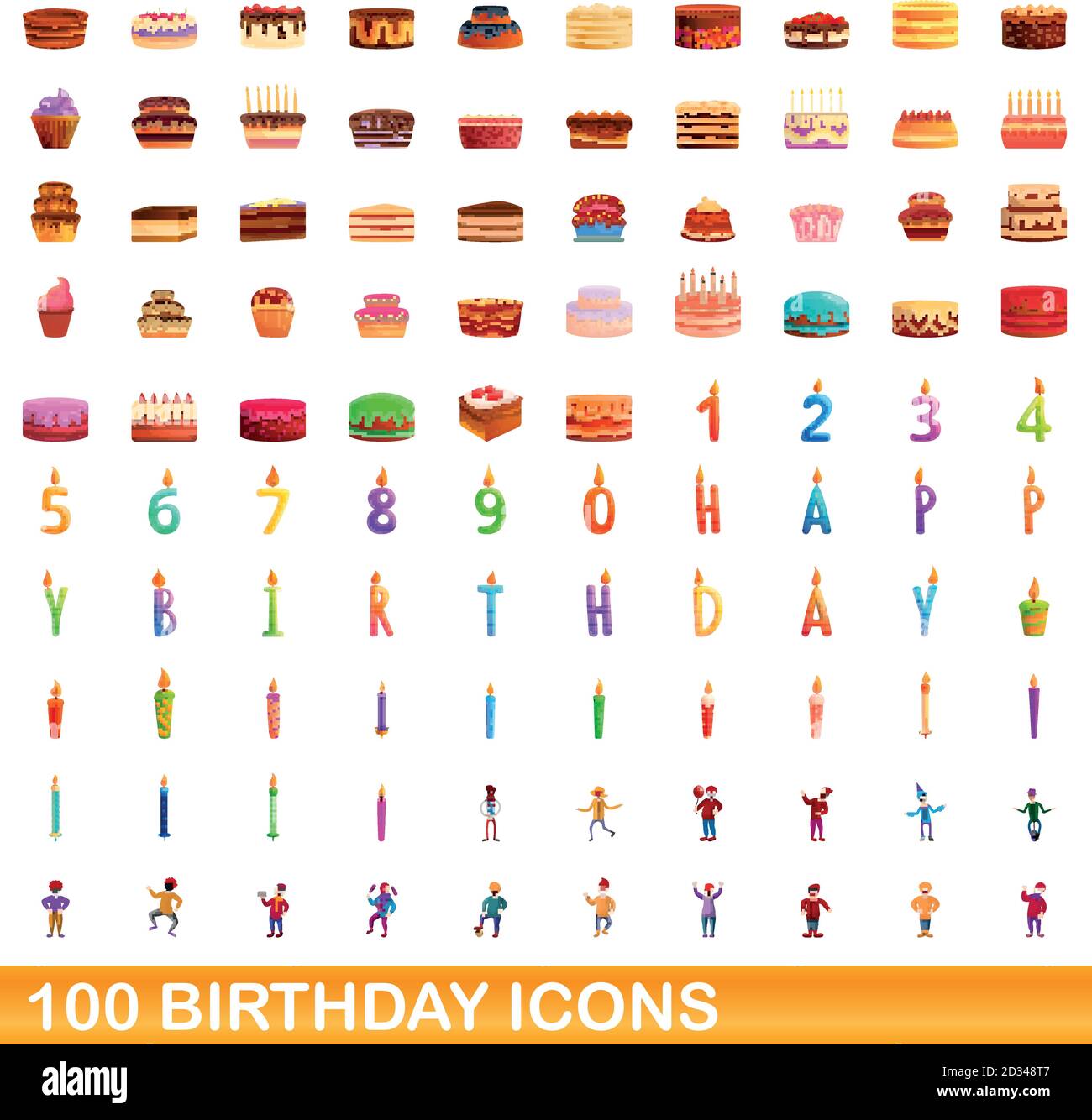 100 Geburtstagssymbole eingestellt. CartoonIllustration von 100