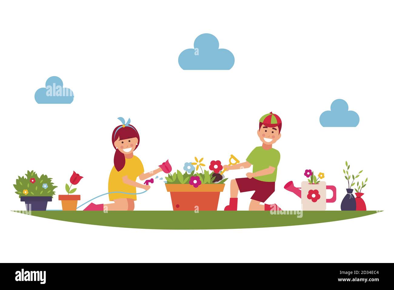 Cartoon Kinder Bauern arbeiten im Garten oder auf dem Bauernhof. Blumen  Pflanzen. Vektorgrafik Stock-Vektorgrafik - Alamy