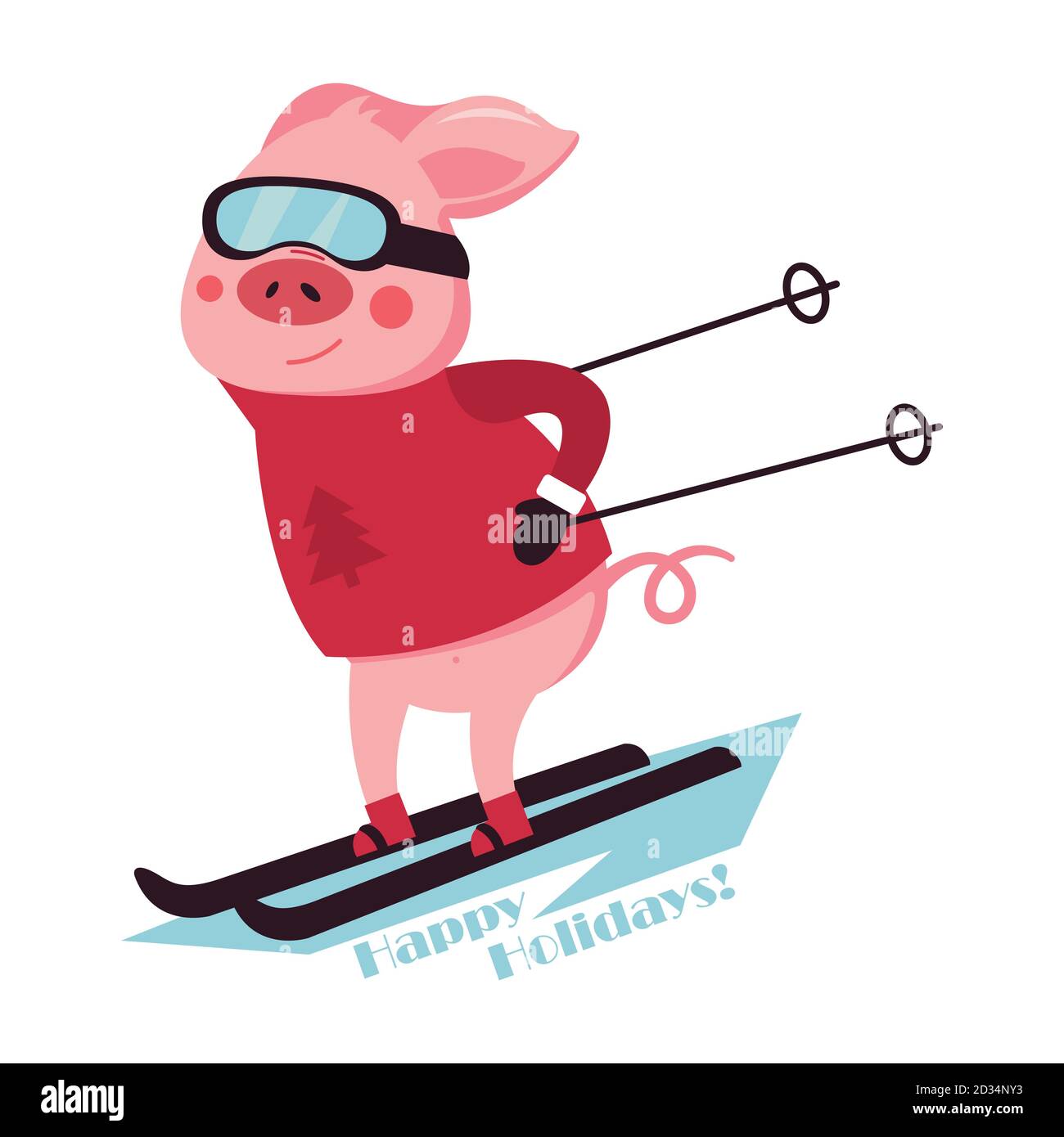 Süßes rosafarbenes Schwein auf Skiern den Berg hinunter. Abfahrtsskier Vektorgrafik Stock Vektor