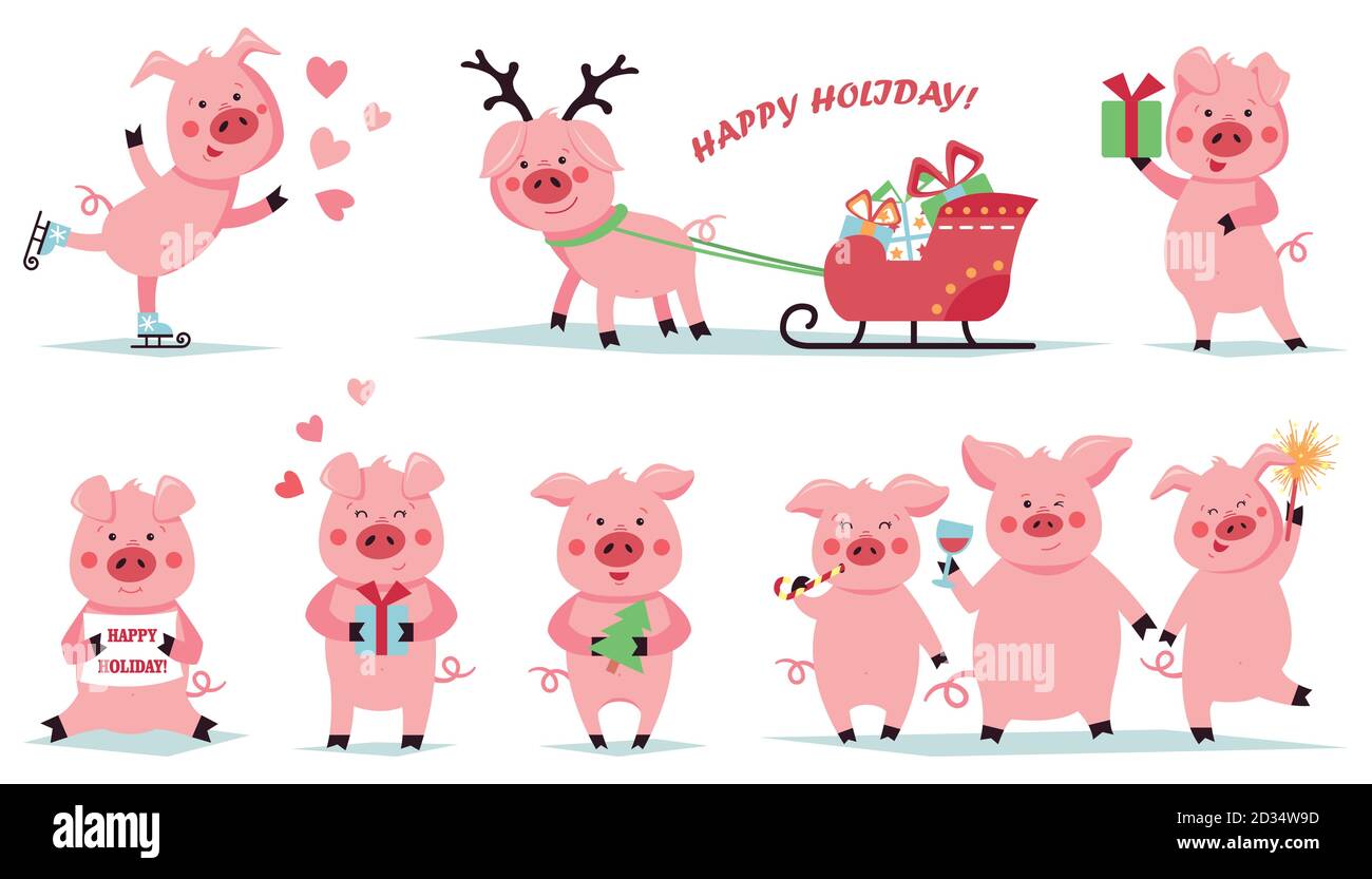 Frohe Weihnachten. Set von lustigen weihnachtsschweinen in verschiedenen Posen. Nette Charaktere im Spiel. Vektorgrafik Stock Vektor
