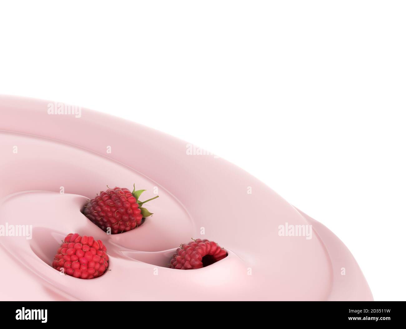 Himbeeren schweben in einem Joghurt Präsentation von Milchprodukten gewürzt 3d-Renderbild Stockfoto