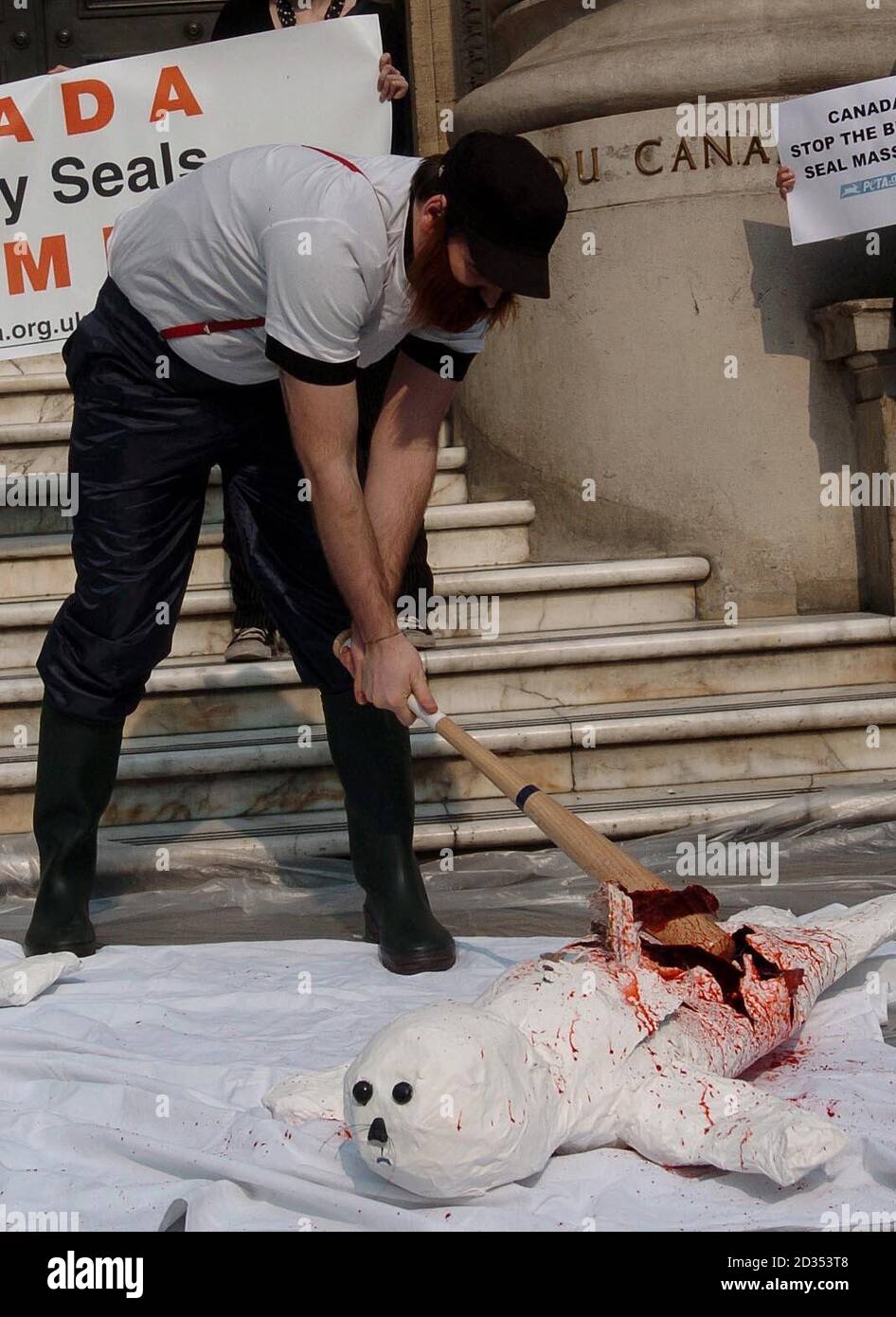 Mitglieder der Tierschutzgruppe PETA protestieren vor der kanadischen Botschaft in London, bevor die jährliche Robbenjagd in Neufundland beginnt. Stockfoto