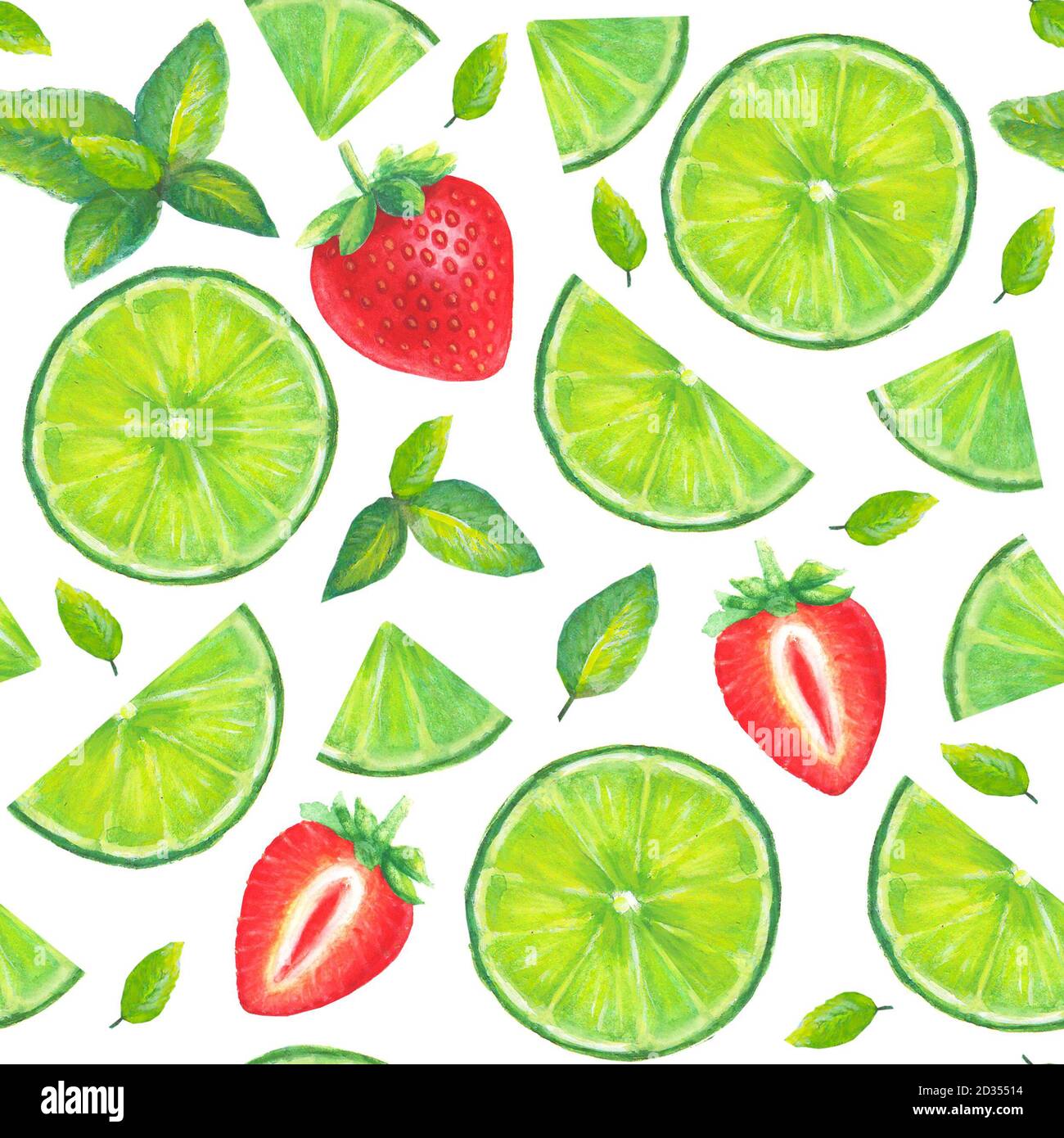 Aquarell handgezeichnete Mojito Cocktail nahtlose Muster mit Scheiben von Limette, Minze Blätter und Erdbeere isoliert auf weißem Hintergrund Stockfoto