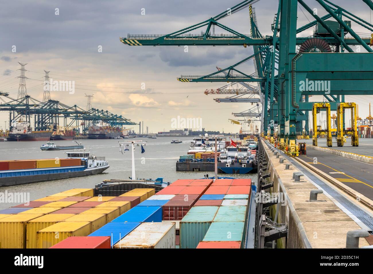 Beladen von Schiffen im geschäftigen Hafen von Antwerpen am Container Terminal mit automatisierten Kranen und viele Schiffe. Belgien Stockfoto