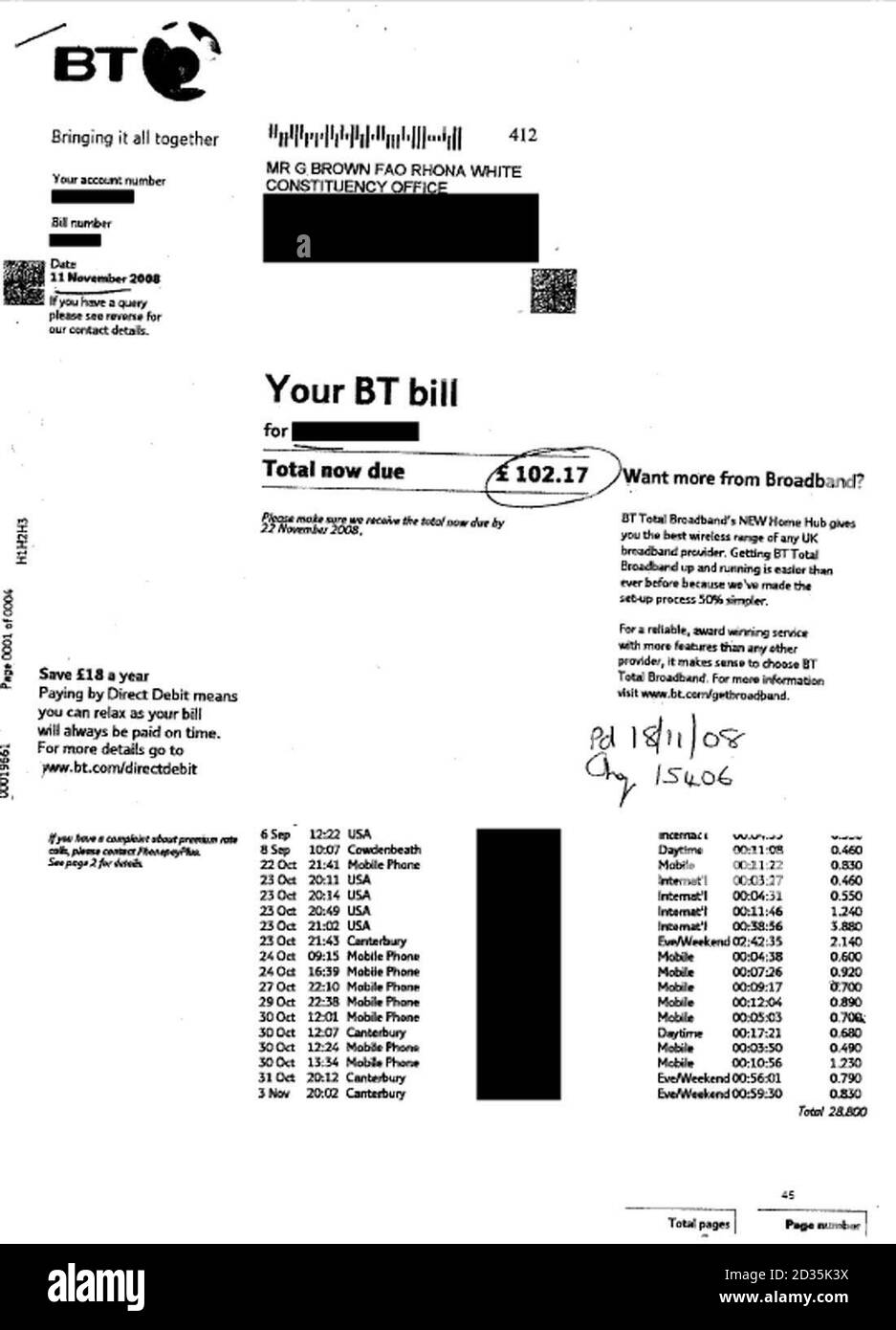 Eine Seite aus Telefonrechnungen, die als Teil der Forderungen von Premierminister Gordon Brown für zusätzliche Kostenzulage eingereicht wurden, die heute auf der Website des Parlaments veröffentlicht wurden. Stockfoto