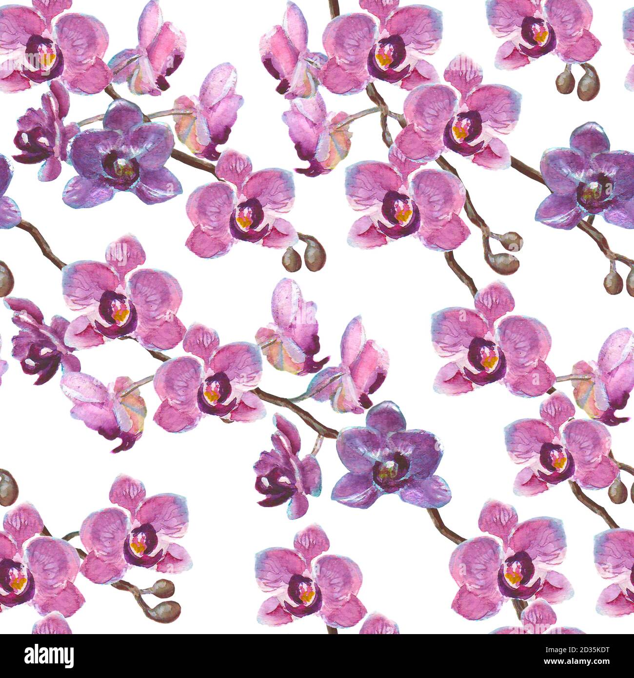 Aquarell handbemalte Orchidee Zweige nahtlose Muster auf weißem Hintergrund Stockfoto