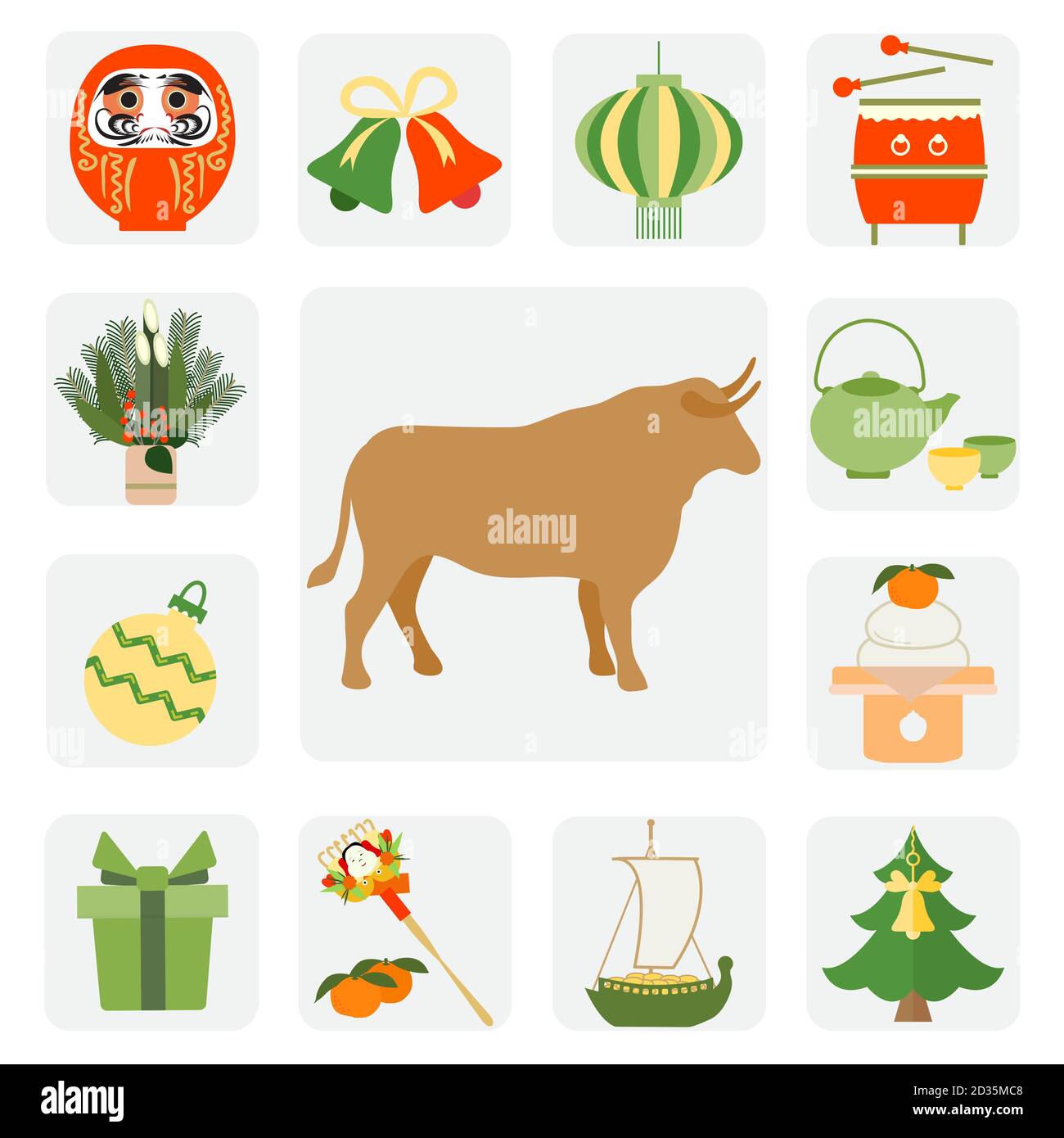 Symbole des japanischen Neujahr 2021 Ox, Daruma, asiatische Laterne, Wasserkocher, Tassen, Essen, Rechen, Mandarinen, Schatzschiff, Geschenk, Kiefer, Bambus Dekorationen ein Stock Vektor