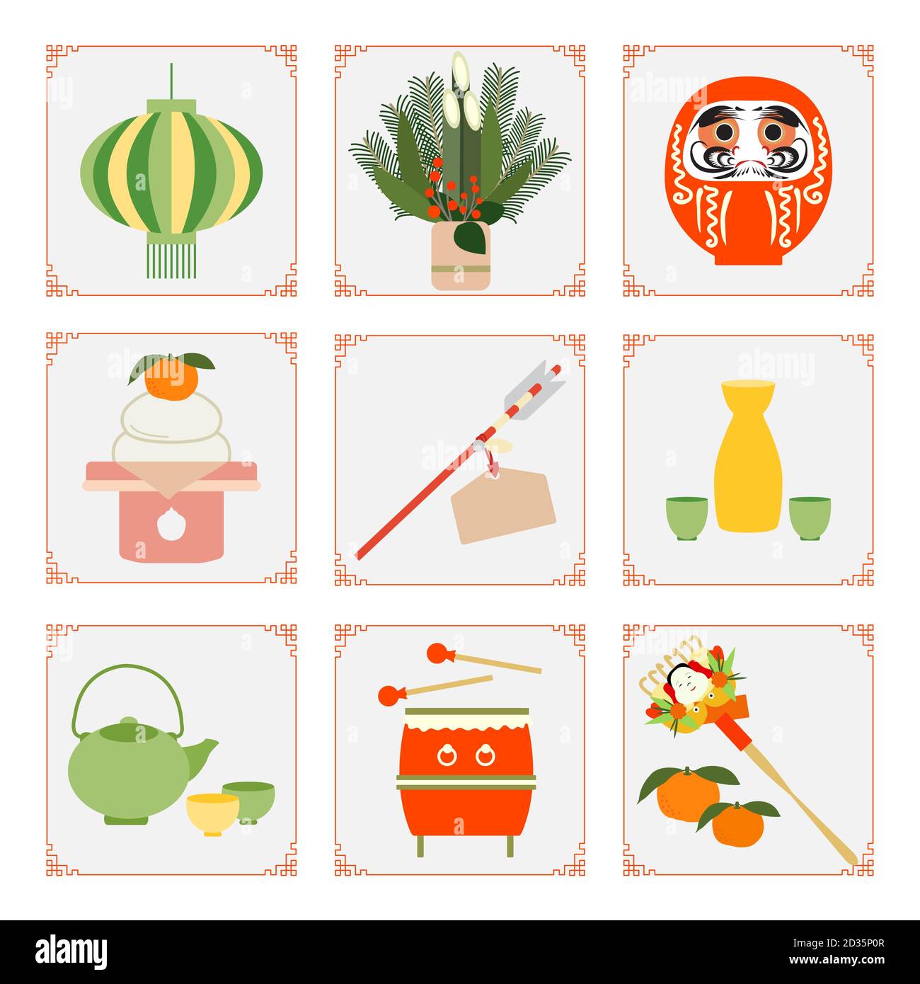 Symbole des Japanischen Neujahrs 2021 Asiatische Laterne, Daruma, Mandarinen, Pfeil, Essenssake-Set, Rechen, Wasserkocher, Tassen, Trommel, Kiefer Bambus Dekorationen bei en Stock Vektor