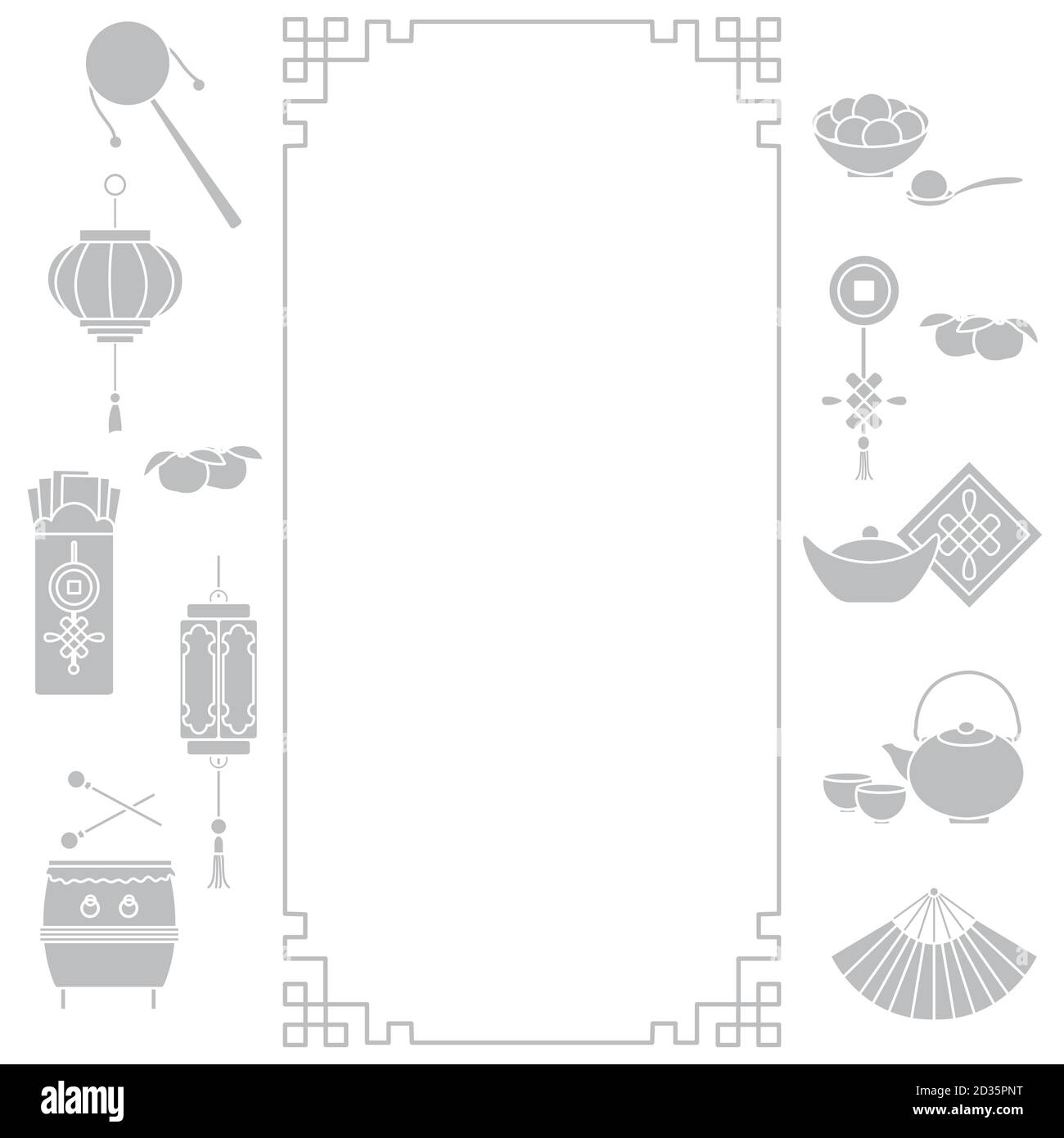 Symbole des chinesischen Neujahr 2021 Vektor-Illustration Chinesische Laterne, Rassel, Mandarinen, Umschlag mit Geld, Trommel, Ingot, Fan, Lebensmittel süß Reisbälle Stock Vektor