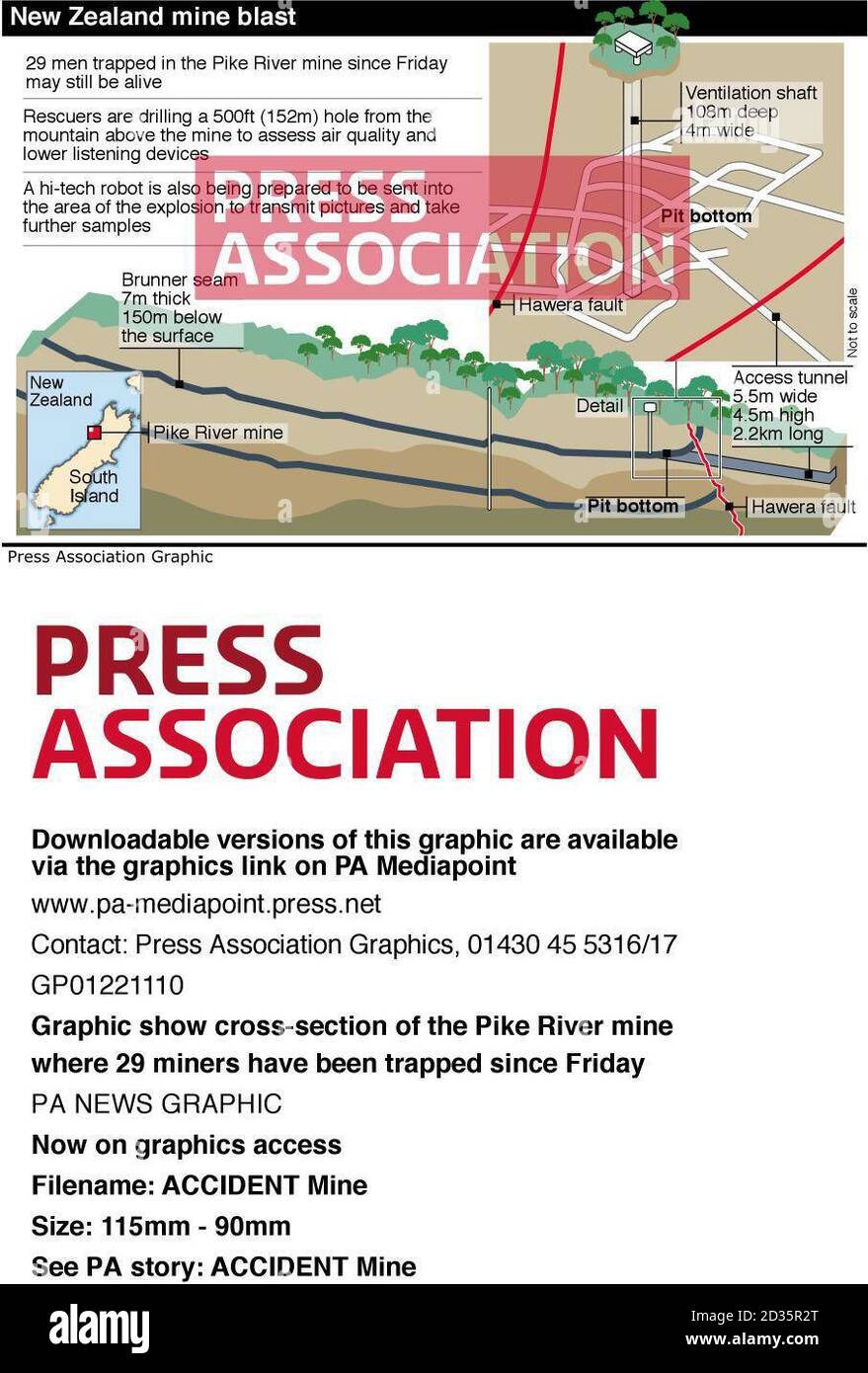 Die Grafik zeigt den Querschnitt der Mine Pike River wo 29 Bergarbeiter sind seit Freitag gefangen Stockfoto