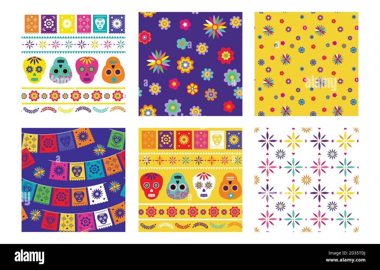 Day of the Dead, Dia de los muertos, nahtlose Muster mit traditionellen bunten mexikanischen Mustern. Fiesta, Urlaubsposter, Partyflyer, lustige Begrüßung Stock Vektor