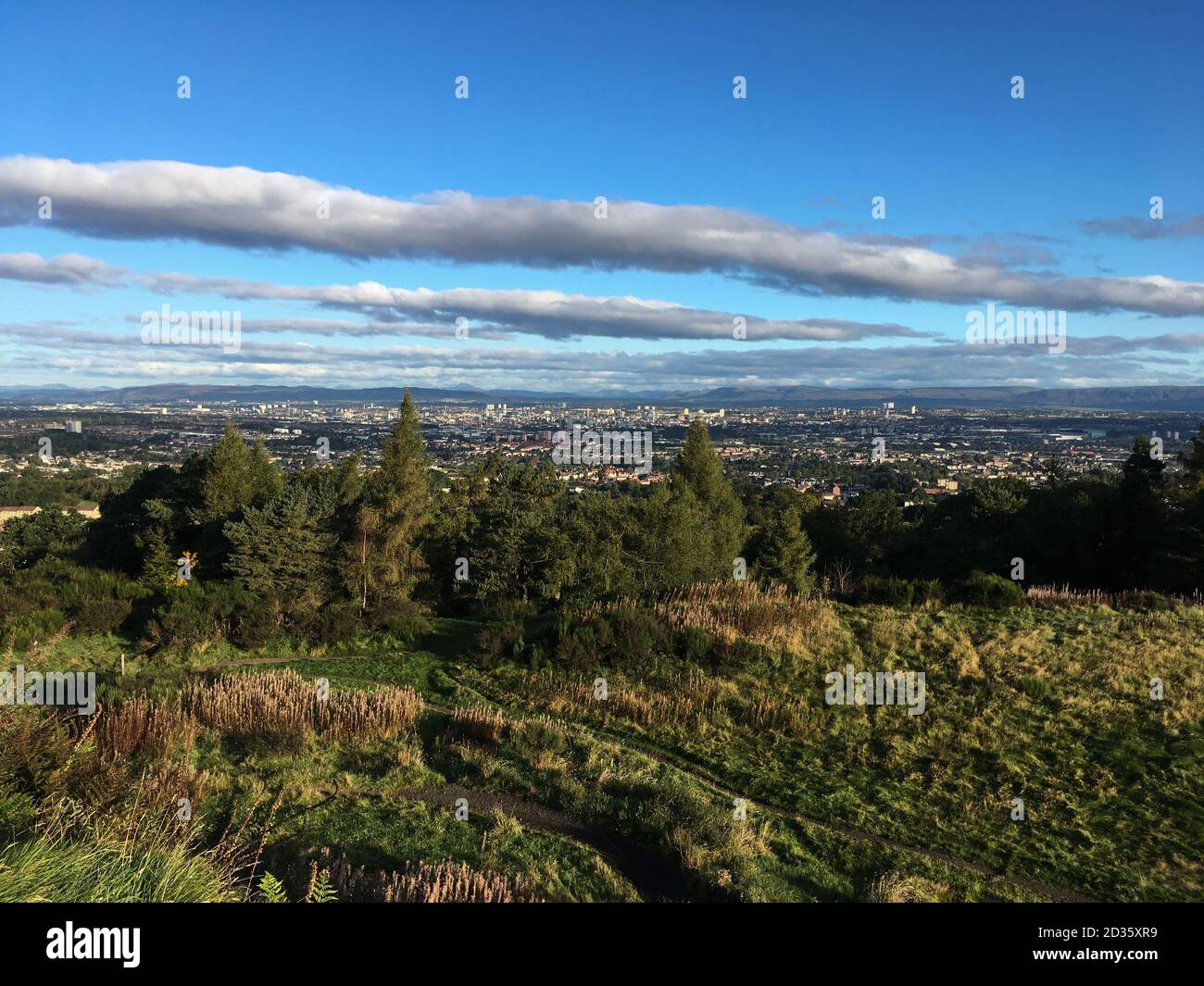 Ansicht von Glasgow von Cathkin Braes, Schottland. Stockfoto