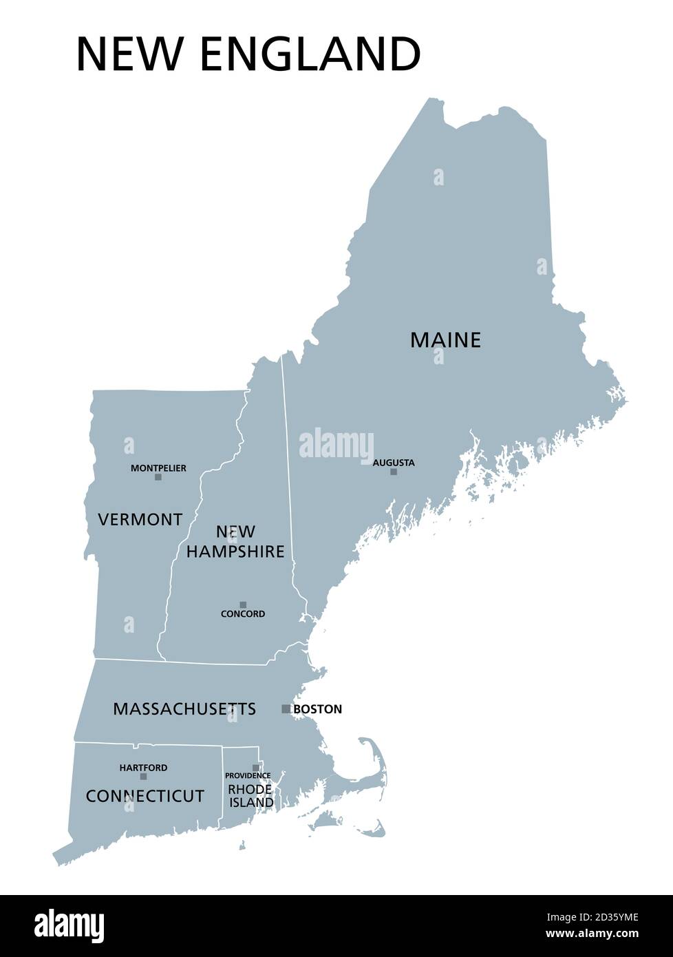 New England Region der Vereinigten Staaten, graue politische Karte. Die sechs Bundesstaaten Maine, Vermont, New Hampshire, Massachusetts, Rhode Island und Connecticut Stockfoto