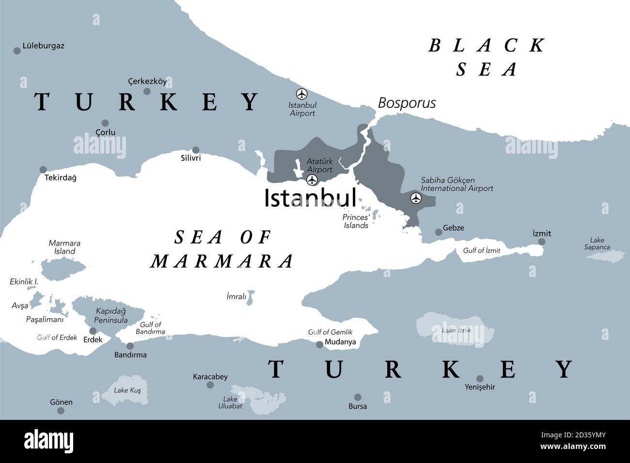 Der Bosporus oder Bosporus, politische Landkarte. Die Straße von Istanbul, eine schmale, natürliche Meerenge und internationale Wasserstraße in der Türkei. Stockfoto