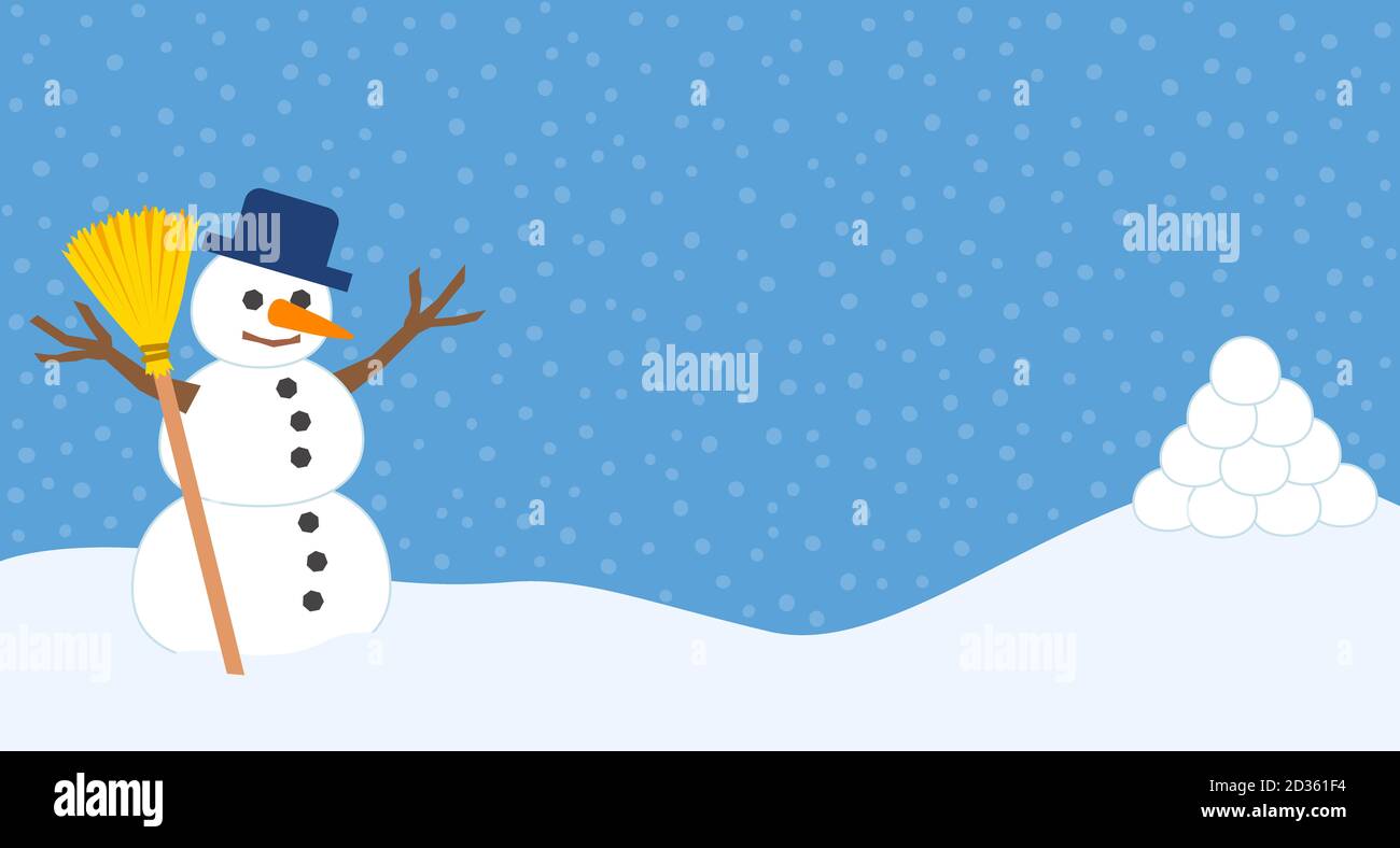 Schneemann und Haufen Schneebälle für Schneeballschlacht und Winterspaß. Comic-Illustration auf Schneeflocken Hintergrund. Stockfoto