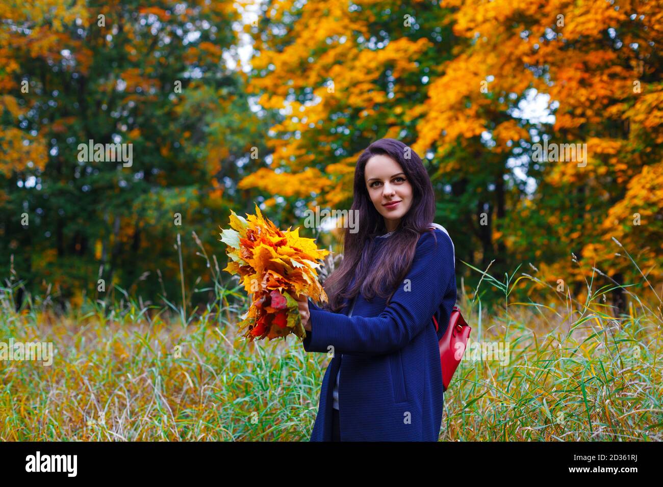 Glückliche Frau, die einen Kranz aus Ahornblättern im Herbstpark macht. Herbstkonzept Stockfoto