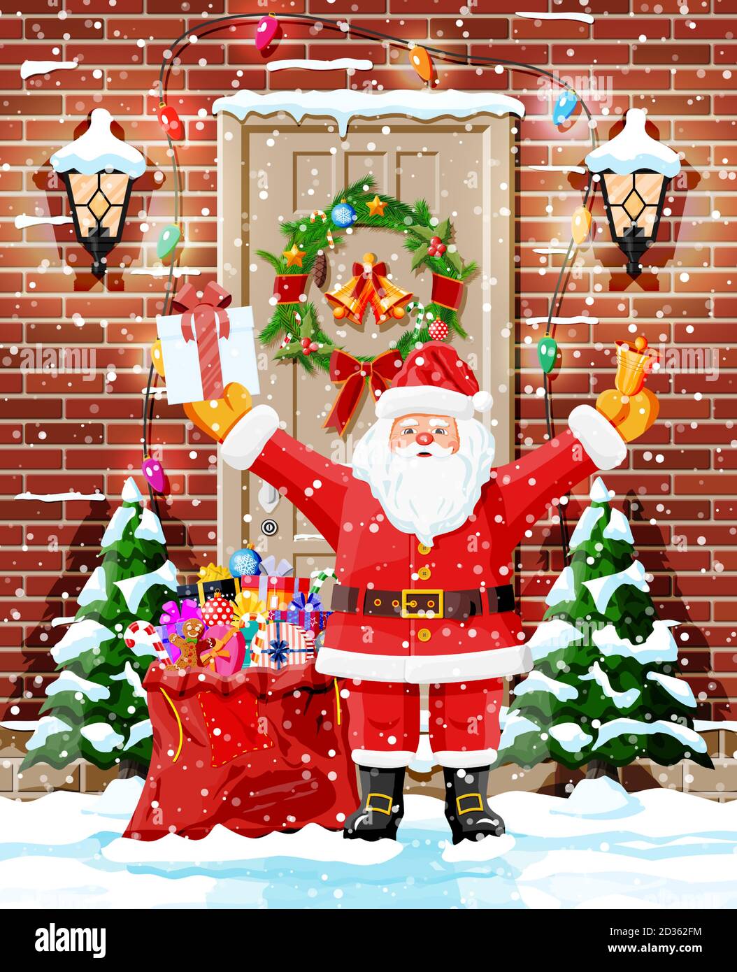 Weihnachtliche Türdekoration. Geschenk in der Hand des weihnachtsmannes. Eingang zum Vorstadthaus mit Kranz, Girlande Lichter dekoriert. Weihnachtsgrüße. Neujahr und Weihnachtsfeier. Flache Vektorgrafik Stock Vektor