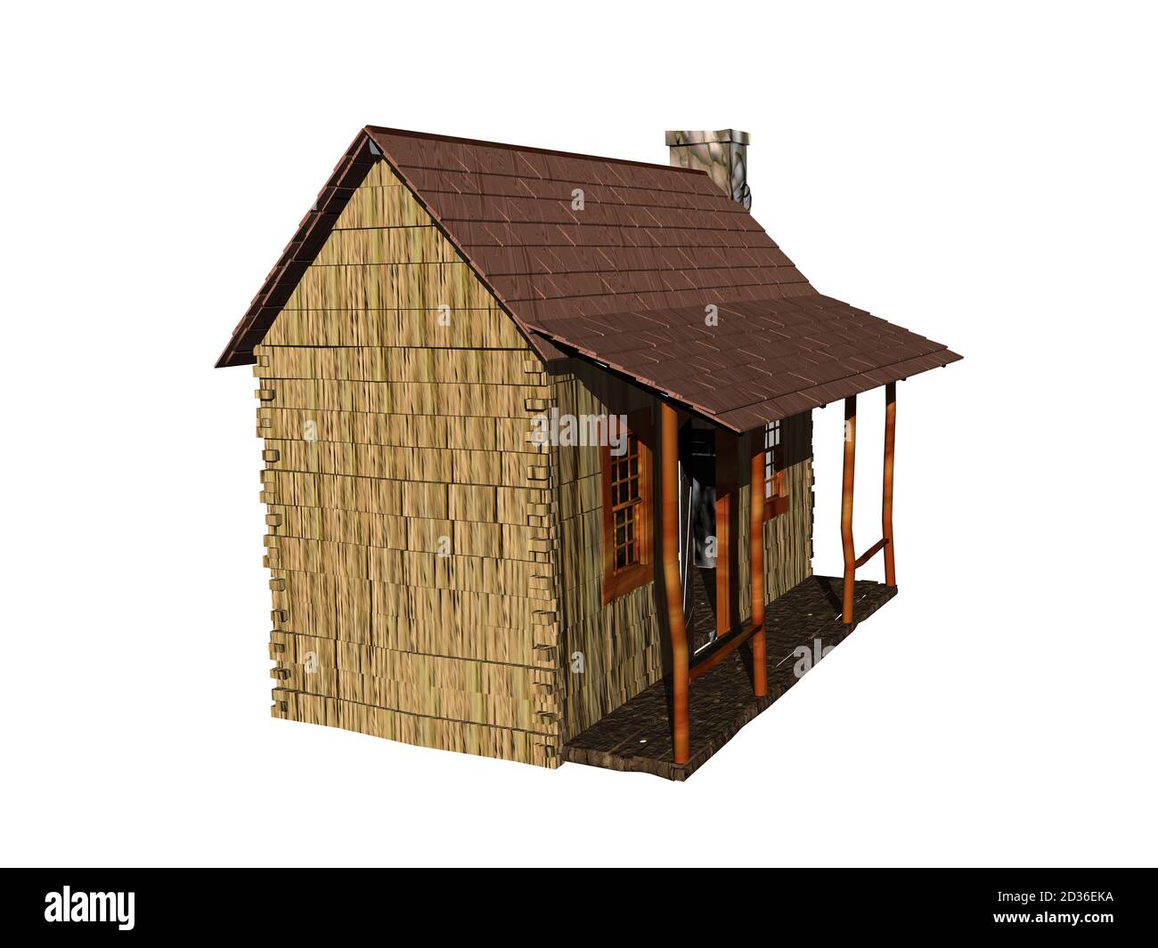 Altes Holzhaus mit Ziegelkamin Stockfoto