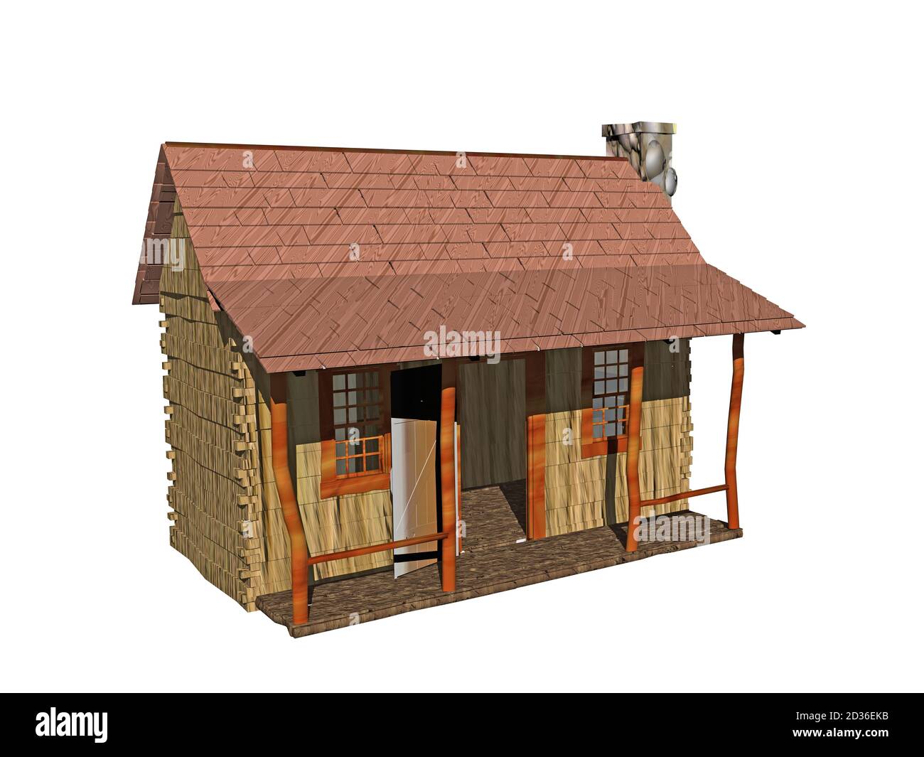 Altes Holzhaus mit Ziegelkamin Stockfoto