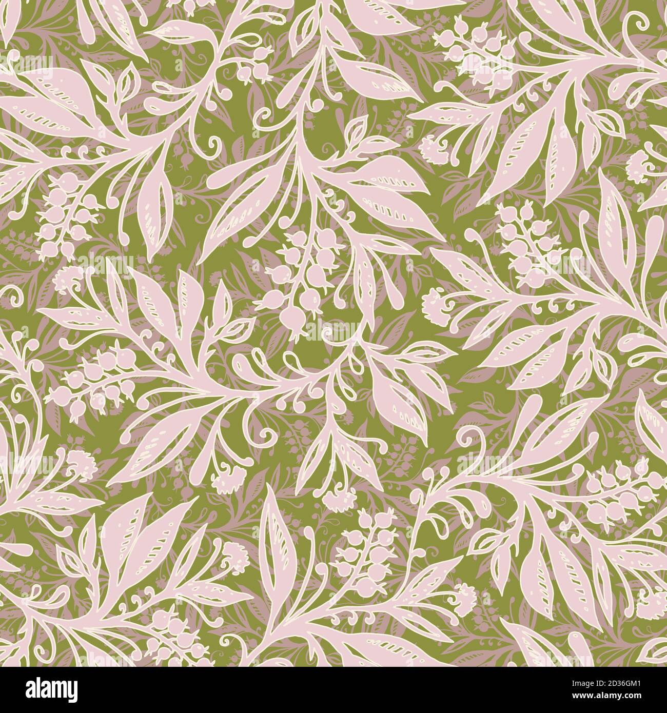 Florales Nahtloses Muster mit Blättern und Beeren in den Farben Chartreuse, Pink und Taupe, handgezeichnet und digitalisiert. Design für Tapete, Textil, Stoff, Verpackung, Hintergrund. Stock Vektor