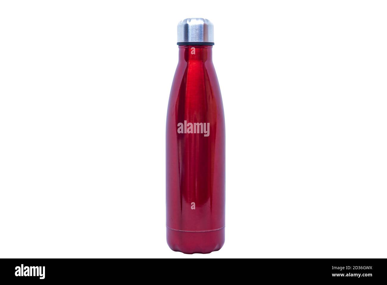 Thermo-Wasserflasche aus Stahl oder Aluminium. Wiederverwendbare rote Metallflasche. Stockfoto