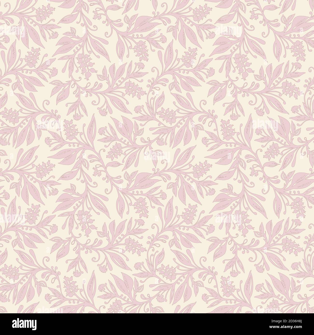 Florales Nahtloses Muster mit Blättern und Beeren in Creme- und Rosa-Farben, handgezeichnet und digitalisiert. Design für Tapete, Textil, Stoff, Verpackung, Hintergrund. Stock Vektor