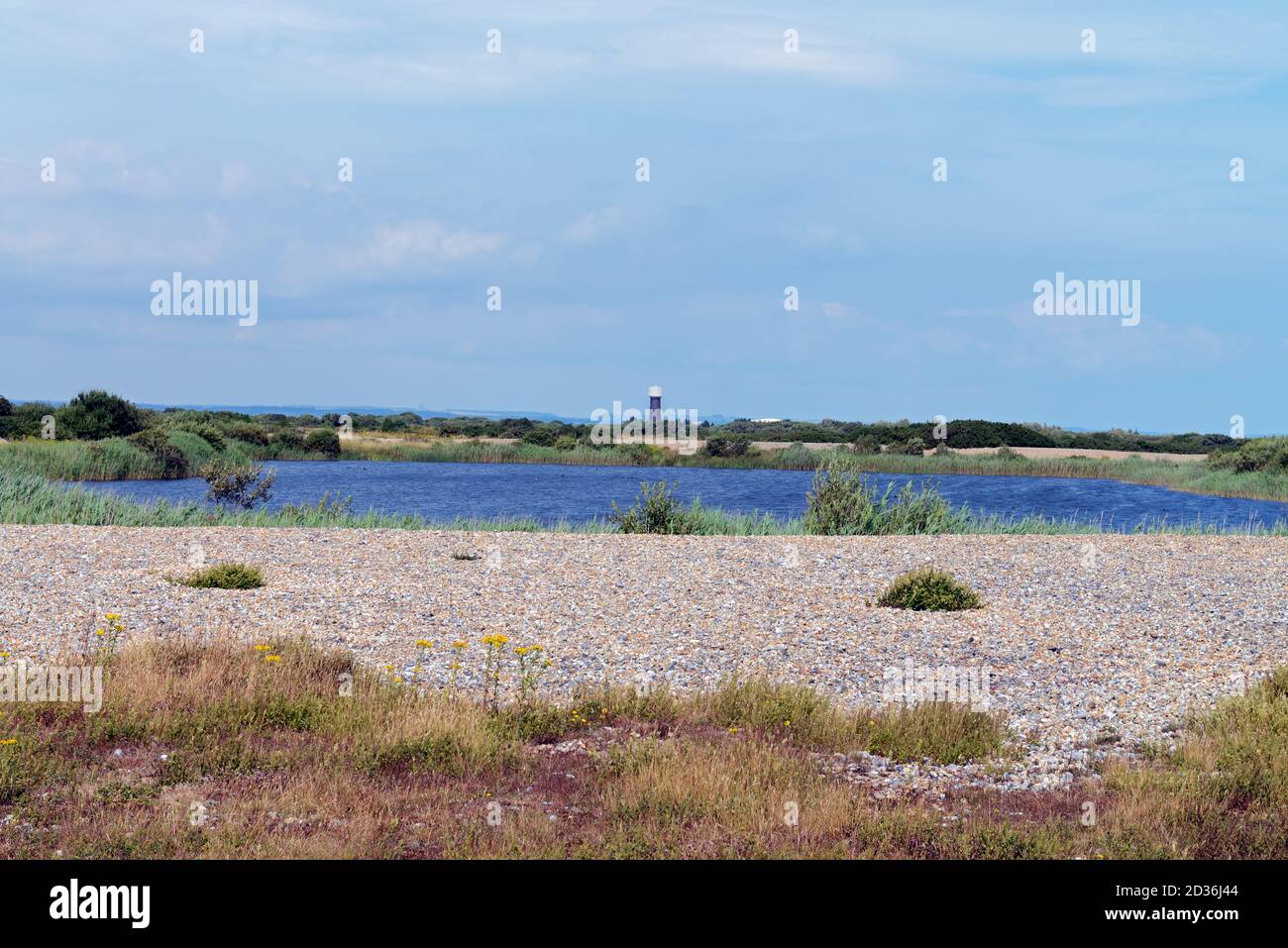 Dungeness ist eine der größten Schindelflächen Europas. In diesem Binnenland ist das Gelände merkwürdig flach. Stockfoto